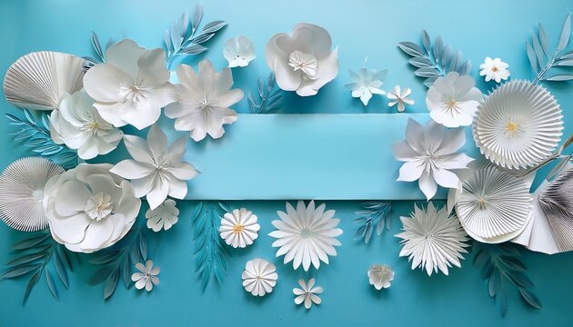 white paper flowers are arranged on a light blue banner