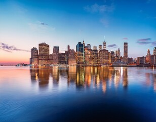 Naklejka premium panoramic view of new york city skyline at dusk with calm water reflection