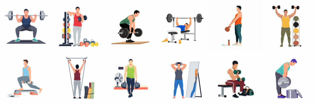 Vector illustration collection of men performing diverse gym exercises including weightlifting, strength training, and bodybuilding with various equipment.