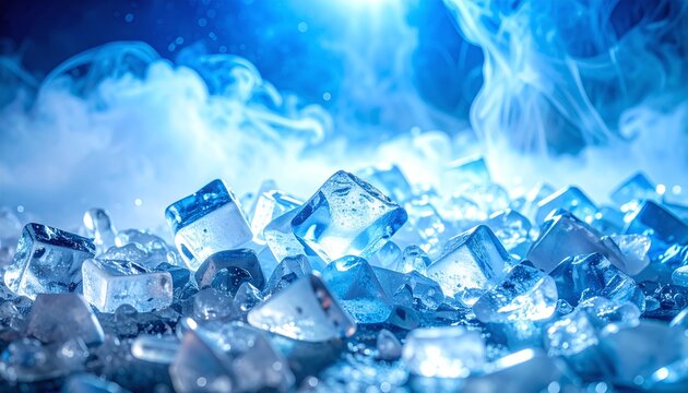 Glowing blue ice cubes with mysterious vapor rising in a dark setting. This frosty closeup evokes intense coldness and pure refreshment, ideal for beverage advertising. Nobody.