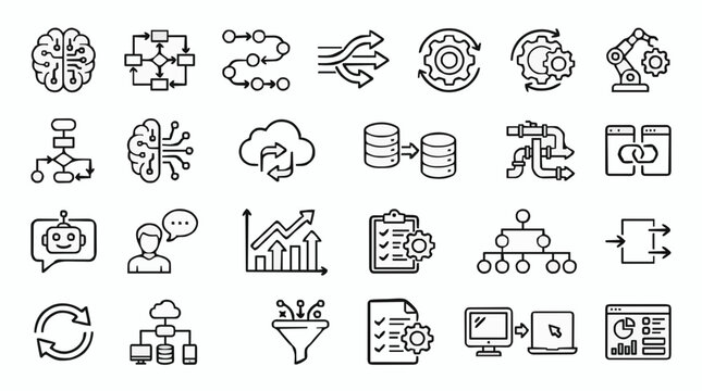 AI workflow and process automation thin line icons with data flow digital technology and smart systems