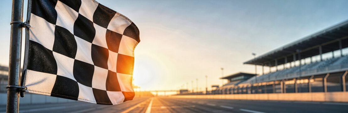 Checkered flag waving at finish line on empty race track at sunrise. Backlit racecar circuit with grandstands under warm morning sunlight, finish flag symbol of motorsport victory and achievement