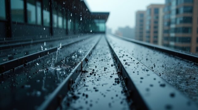 Lluvia golpeando un tejado met&aacute;lico moderno, agua salpicando sobre superficies arquitect&oacute;nicas