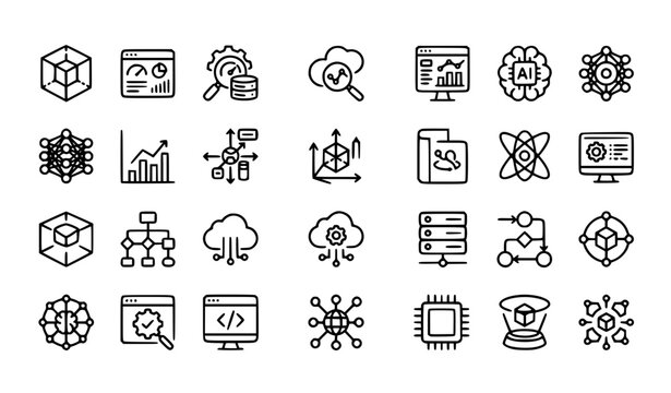 Computer Simulation Modern Vector Icon Set with Digital Modeling Virtual Technology and System Symbols