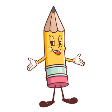 Groovy Back to School Retro Character. Cartoon Pencil showing Welcome Gesture. Funny Vector Doodle Education Mascot Template. Happy Vintage Cool Childish Learning Personage Illustration. Isolated