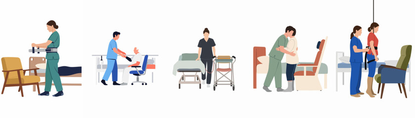 Fototapeta premium Medical illustrations showing caregivers and nurses assisting elderly patients with mobility, using lifts, walkers, and beds in a hospital or nursing home.
