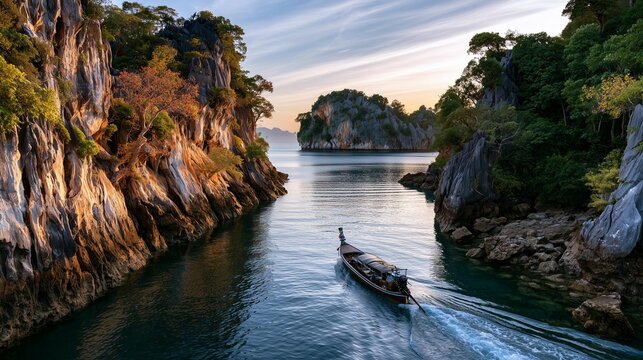 AI generator images of landscape of limestone mountains and waters reminiscent of a reservoir or national park, featuring a long-tail boat gliding through a striking limestone gorge. traditional long-