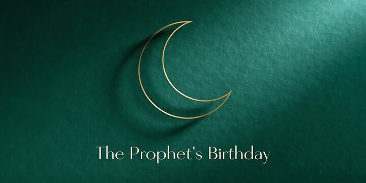 The prophet's birthday ornate golden crescent moon on deep emerald green textured background with crescent calligraphy celebration religion tradition background spiritual greetings