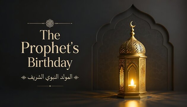 Mawlid al-nabi celebratory banner with elegant illuminated golden lantern in a dark mosque interior setting birthday celebration religion tradition spirituality religious background