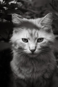 Fluffy cat portrait looking at camera in black and white close up