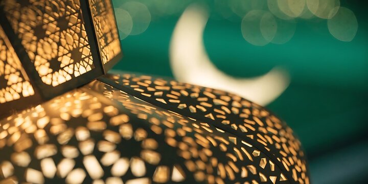 Traditional metal lantern casting warm glowing light patterns with a crescent moon in background for islamic holiday crescent decoration oriental religion tradition celebration abstract