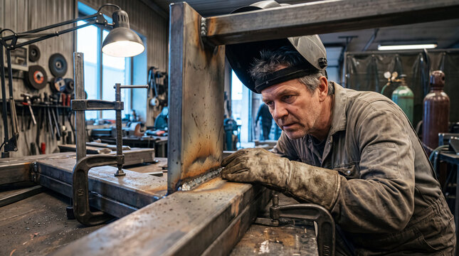 Metalworker Inspecting a Fresh Welded Seam in Workshop