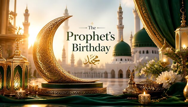 The prophet's birthday greeting with golden crescent moon and illuminated mosque architecture birthday crescent religion celebration architecture tradition spiritual decorative