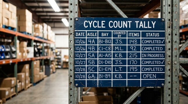 Cycle count tally board mounted at the end of a warehouse aisle