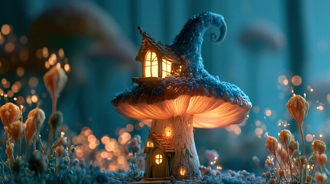 Crooked wizard's tower built into giant glowing mushroom, surrounded by forest of bioluminescent flora situated under twilight night canopy
