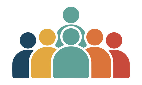 Five minimalist people icons with rounded geometric shapes and bold flat colors in a staggered arrangement. Business teamwork concept
