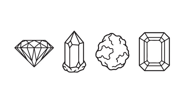 Line art of four precious gemstones including diamond, crystal, rock, and emerald on white background