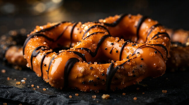A delicious golden brown soft pretzel with coarse salt on a dark rustic stone background