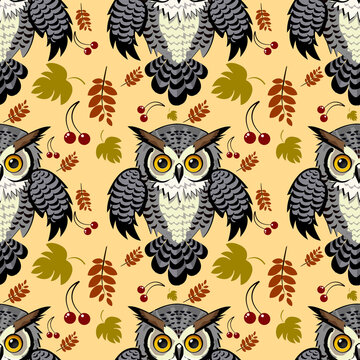 Vector seamless pattern with cute owls, autumn leaves, and berries on yellow background. Autumn forest wildlife background design.
