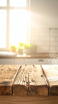 Rustic wooden table in a sunny home kitchen with flour dusting. Warm morning sunlight streams through the window, evoking cozy cooking vibes. Ideal food background. Nobody.