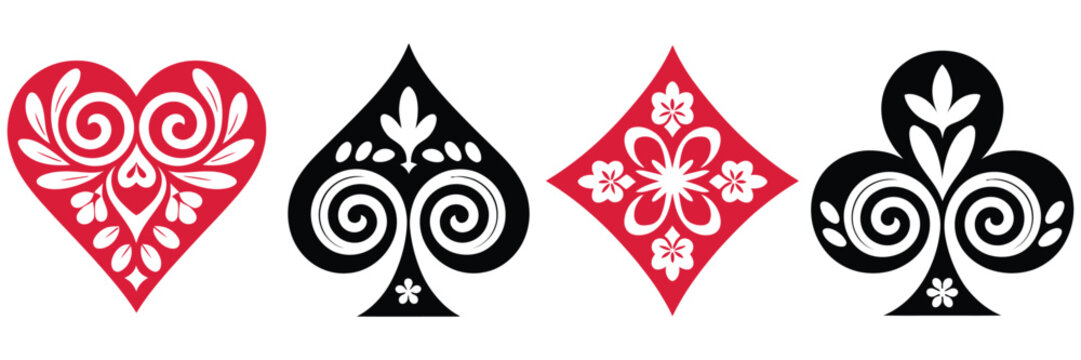 ornate playing card suits with floral decorative patterns, featuring hearts, spades, diamonds, and clubs, luxury casino design elements on black background for gambling, poker, and card game graphics.