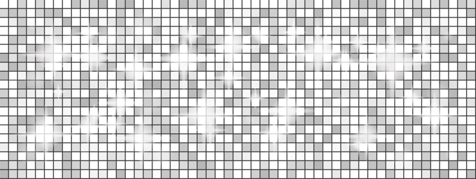 Disco ball with Christmas gradient background and silver sequin on party wallpaper for shimmer light card. White mosaic grid, glam glitter, disco ball shine. Vector pattern template in luxury 90s vibe
