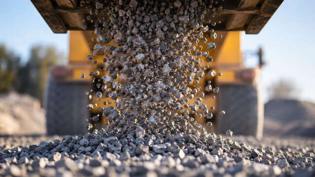 Dump truck unloading gravel, crushed stone falling from raised truck bed, construction material delivery at roadwork site, heavy machinery aggregate dumping, gravel pile formation on ground