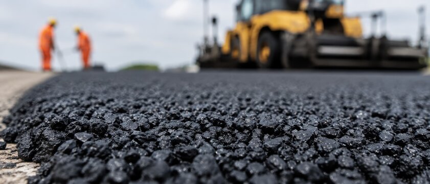 Fresh asphalt pavement construction, road roller compaction, hot mix bitumen aggregate texture, highway resurfacing process, road base preparation, paving quality control, roadwork site