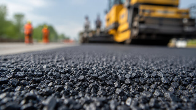 Fresh asphalt surface with paving machine on highway worksite, road construction crew in safety gear, new roadway layer, infrastructure project, street repair, transportation maintenance