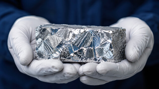Lithium ingot held in laboratory gloves, battery supply chain raw materials, cobalt nickel mining industry, recycling electric vehicles, renewable energy storage, semiconductor production