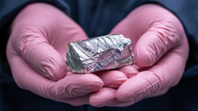 Battery-grade lithium ingot held in pink gloves, lithium lead cobalt processing for cathode materials, material refining for battery manufacturing, energy storage supply chain, industrial mineral