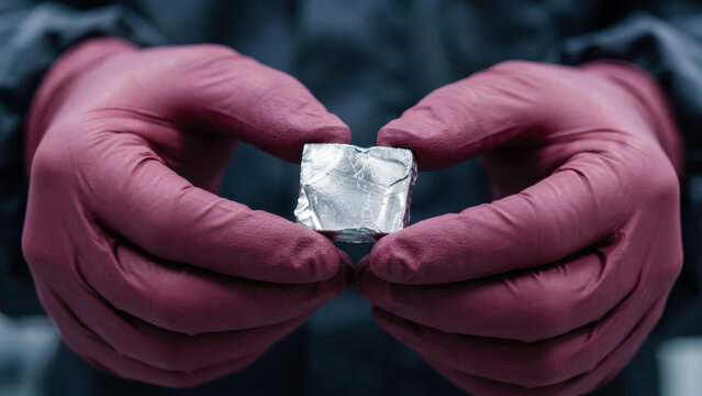 Critical mineral sample held in red laboratory gloves, cobalt lithium extraction scrutiny, battery supply chain risk, energy storage materials, thermal runaway hazard, mining ethics, crisis