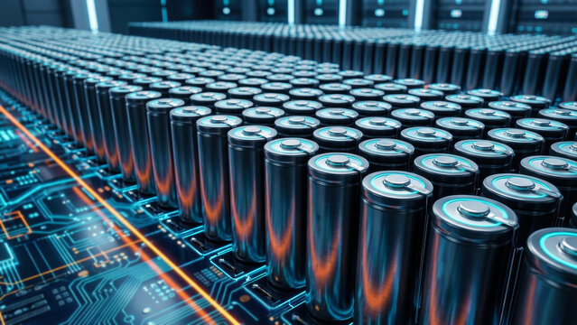 Rows of cylindrical battery cells on neon circuit boards, high density modular energy storage array, automated assembly line, thermal management system, electrical testing, grid storage