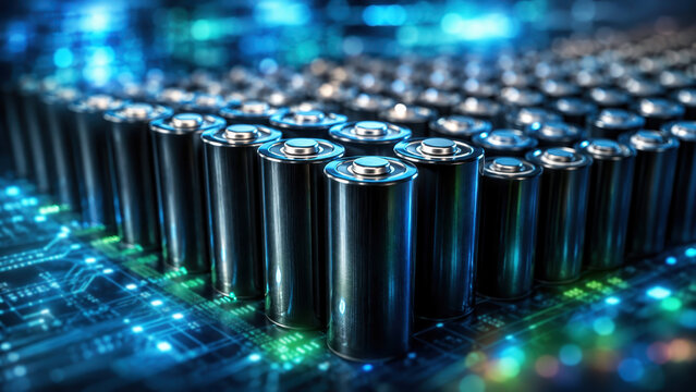 Rows of cylindrical batteries on circuit board, artificial intelligence infrastructure, hyperscale data centers, cloud computing, server farms, backup power systems, renewable energy storage
