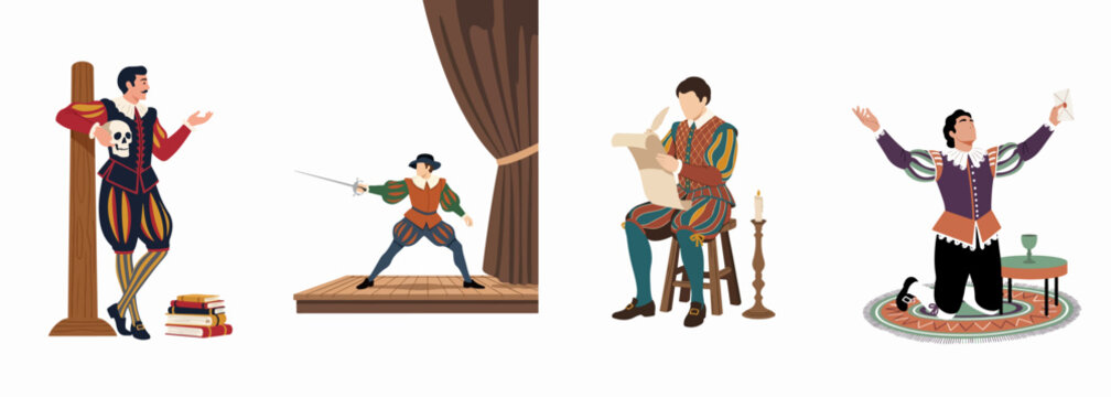 Set of four illustrations featuring male actors in Renaissance attire performing different theatrical scenes including fencing, writing, and acting with a skull.