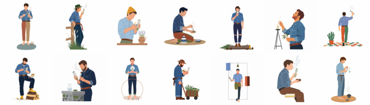 Flat vector illustrations of men engaged in spiritual smudging rituals using white sage bundles for mental wellness and energy cleansing.