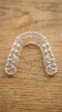 A Transparent Dental Aligner Tray for Orthodontic Teeth Straightening Resting on a Natural Wooden Texture Background