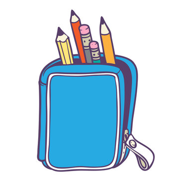 Open zippered pencil case with pencils