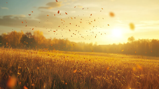 Golden autumn meadow with falling leaves and warm sunlight creating peaceful mood