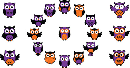 Fototapeta premium A collection of cute cartoon owls in purple and orange colors for a fun halloween party design element