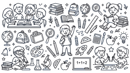 Fototapeta premium Cute doodle illustration of children learning and playing with school supplies.