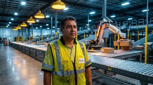 Warehouse worker in a modern distribution center, a dedicated employee in a high-tech logistics facility, essential labor in a busy fulfillment operation