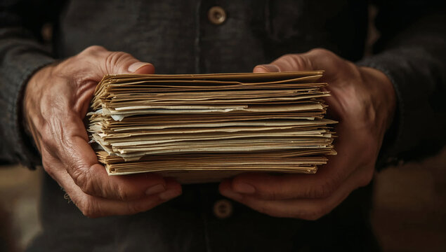 elderly hands holding old yellowed letters and documents close up wrinkled skin visible veins prominent knuckles gentle grasp nostalgic memories vintage paper stack worn parchment shallow depth of fie