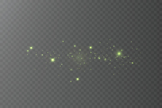 Green glowing particle trail with sparkling stars, magic dust and bokeh lights isolated on transparent background. Fantasy luminous vector overlay for festive and abstract designs.