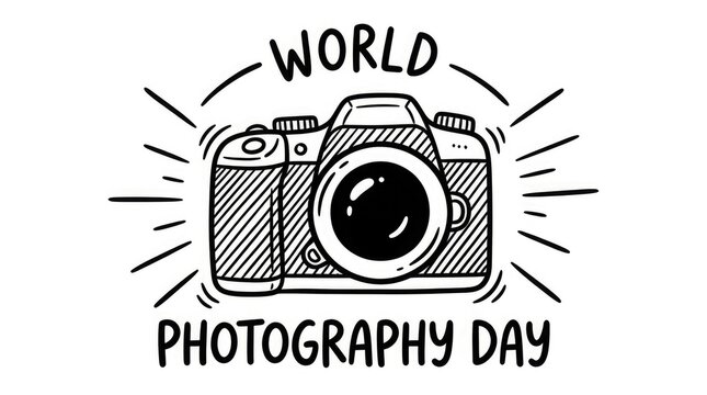 Hand drawn doodle illustration of a vintage camera design celebrating the annual international event known as world photography day on white