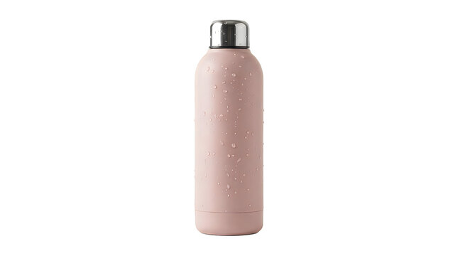 Reusable pink matte metal water bottle with condensation droplets on surface isolated on transparent background for sustainable lifestyle products and fitness hydration accessories.
