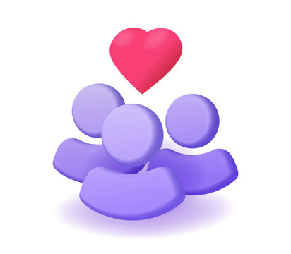 People group 3d modern as charity support community icon graphic illustration, care love team persons with heart sign, friendship unity social relationship help image clip art
