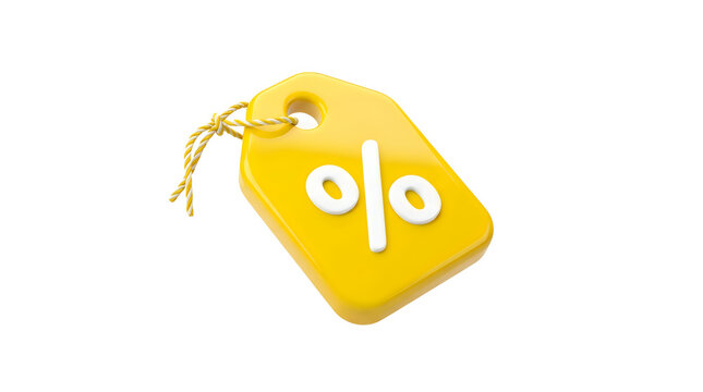 Yellow price tag with percent symbol for shopping promotion and discount offers isolated on transparent background for retail marketing sales campaigns and digital shop commerce ads.