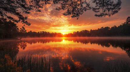 Breathtaking sunset over forest lake with vibrant orange sky and calm water reflection © THUA