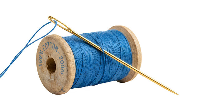 Wooden spool of blue cotton thread with sewing needle isolated on transparent background closeup view for textile hobby handicraft tailoring repair works professional studio shot.